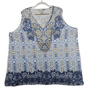 Catherines Womens 26 Blue  Yellow geometric Top With Embellished Beachy Casual